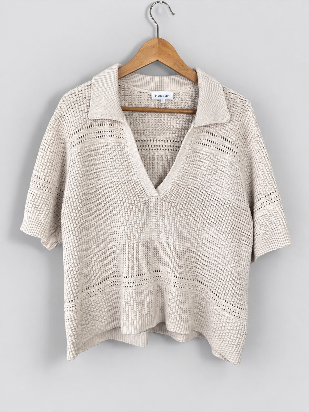 Hudson North 1X Cotton Knit Sweater Top Cream Boxy Open Knit Polo Short Sleeve